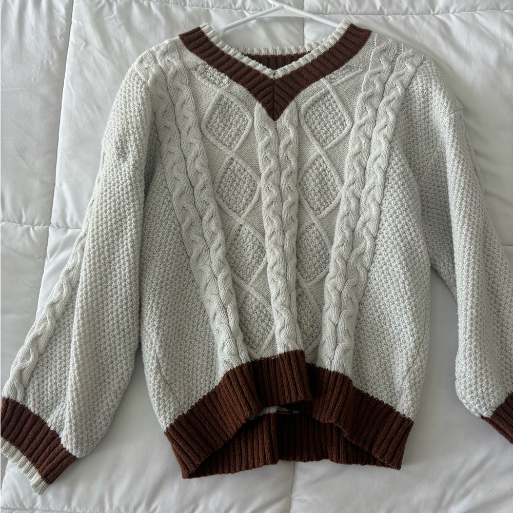 White and Brown Cable Knit Sweater